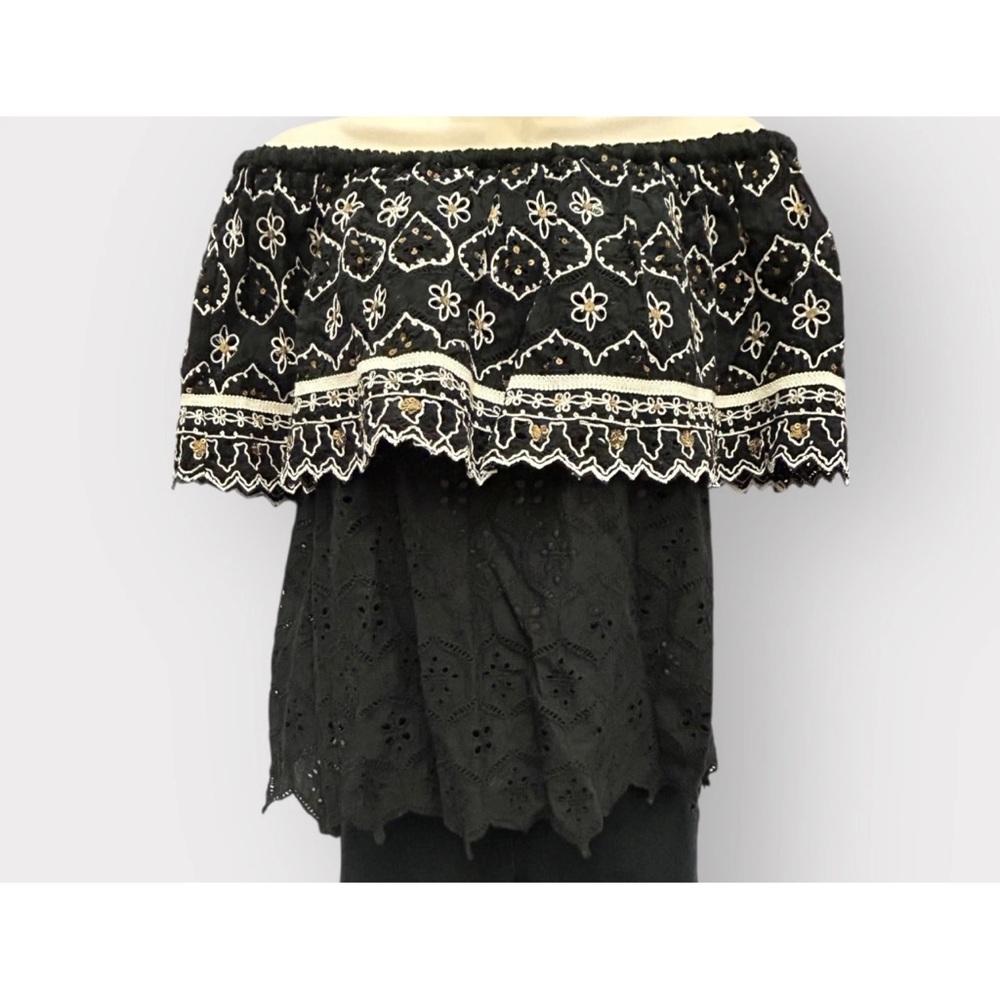 Anthropologie Blouse Women Small Black Eyelet Embroidered Off Shoulder Coastal